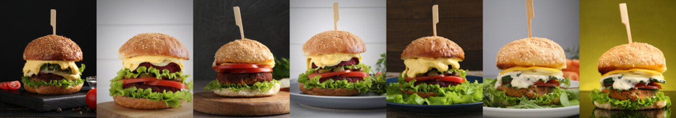 Delicious vegetarian burgers, collage with different photos