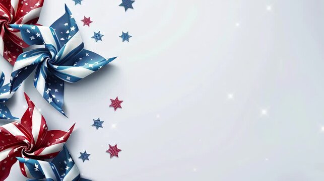 Video of pinwheel paper with American flags motif and decorative in white background, blank space for text. Greeting card for American independence day.