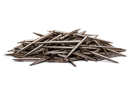A sizable pile of metal nails presented on a white background, captured in high detail, suitable for transparent png imagery in construction themes