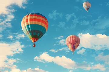 Fototapeta premium Vibrant hot air balloons soar through a cloudless azure sky.