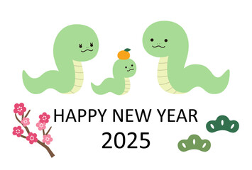 2025年巳年の年賀状テンプレート　蛇年　かわいい　ベクター　蛇の親子