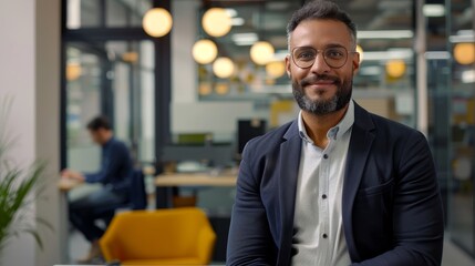 Naklejka premium - A sharp-focus UHD 4K image of a confident professional working in a modern office. , High-resolution photograph showcasing a professional in a contemporary office setting.