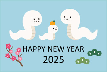 2025年巳年の年賀状テンプレート　蛇年　かわいい　ベクター　蛇の親子　白蛇