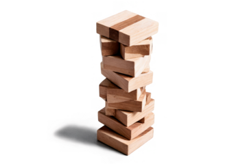 Stack of wooden blocks forming a tower game, presented against a transparent, white background in png format