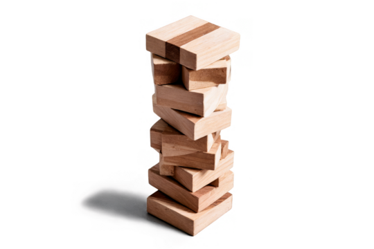 Stack of wooden blocks forming a tower game, presented against a transparent, white background in png format