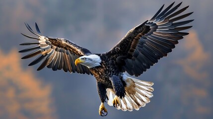 Fototapeta premium Bald eagle with wings spread wide, set against a backdrop of a large, billowing American flag