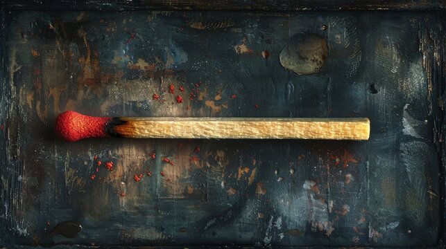 Burnt matchstick atop a distressed, aged matchbox, rendered in a digital painting that emphasizes ephemeral moments