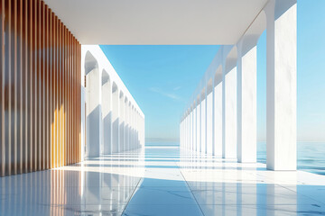 Fototapeta premium White Building on a blue sky backdrop.Modern concrete architecture. 