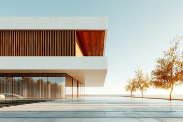 White Building on a blue sky backdrop.Modern concrete architecture.
