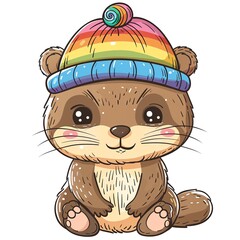 Naklejka premium Otter with a colorful rainbow hat