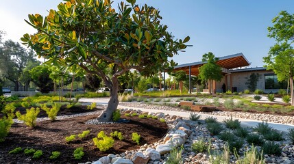 Fototapeta premium Lush Guppy Tree Enhances the Charm of a Community House Garden