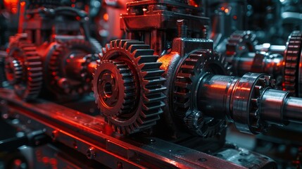 Fototapeta premium Detailed steel gears in an engine, with red light casting striking shadows and reflections on the metallic surfaces
