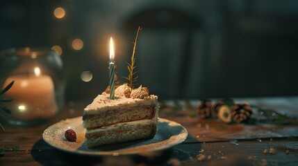  A slice of cake with a lit candle and a happy birthday message