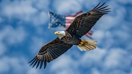 Obraz premium Majestic bald eagle flying over an American flag, with the flag unfurling across the sky