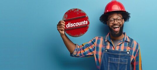 Poster of a joyful man in overalls and a construction helmet with the word "discounts" in his hand, offset to the edge of the photograph, against a plain background 