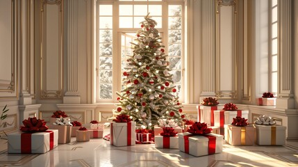 Festive and clean holiday setting with a luxurious tree surrounded by gifts.