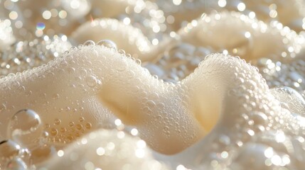 Soap suds with fine, glistening bubbles in a close-up view on a clean white surface