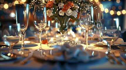 Sharp focus on a dining table at a formal fundraising event.