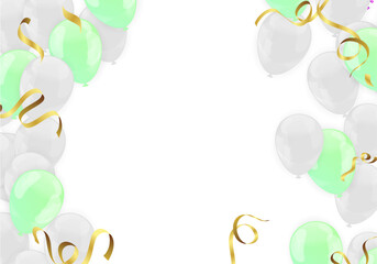 White and green balloons with golden ribbons on transparent background. Vector illustration.