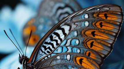Photograph of a close-up shot of a butterfly's delicate wings, revealing intricate patterns and vibrant colors 