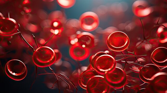 Photograph of a close-up view of red blood cells flowing through a capillary, highlighting their biconcave shape and hemoglobin-rich color.