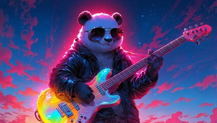 Obraz premium Cool Panda playing a bass guitar electric wearing a sunglasses with colorful background and neon glowing.