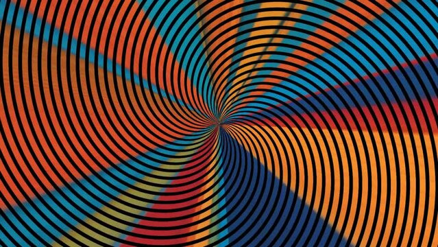 4k animation of vibrant coloured straight graphical stripes with spiral layer on it, giving it an illusional look and feel 