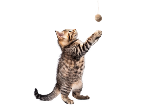 Isolated on white background, a cute cat batting at a dangling toy, its focus intense, ready for a fun-filled play session