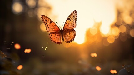 Photograph of a lone butterfly gracefully gliding through the air, its wings illuminated by a soft sunset glow 
