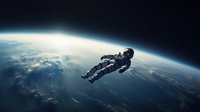 photograph of a lone astronaut floating in zero gravity, his spacesuit illuminated by the soft glow of the Earth in the distance 