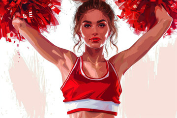 A cheerleader is shown in a red top and white shorts