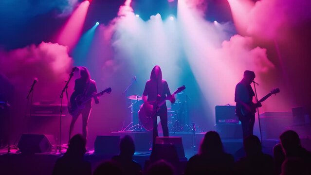 Rock music concert with band on stage.