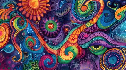 Abstract Ethnic Drawing with Tibetan Psychedelic Hippie Themes in Watercolor Media