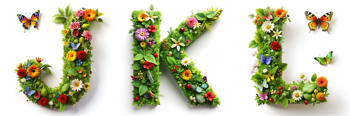 Fototapeta premium Letters J, K, L. Alphabet of Foliage with Flowers and Butterflies: A Green, Sustainable Alphabet