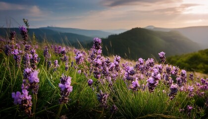 Fototapeta premium Hermoso paisaje de un campo de lavanda en plena floración de primavera, vemos destellos de rayos del sol que iluminan sus frondosas flores
