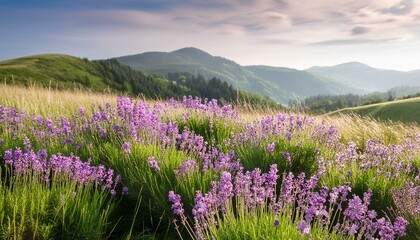 Fototapeta premium Hermoso paisaje de un campo de lavanda en plena floración de primavera, vemos destellos de rayos del sol que iluminan sus frondosas flores