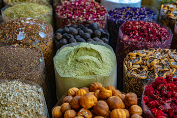 Variety of spices and herbs on Souq Muttrah, Muscat, Oman