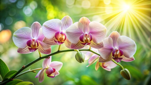 Delicate almond-shaped petals of a danish orchid bloom, softly lit, surrounded by lush green foliage, exuding elegance and refinement in a serene atmosphere.