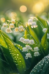 lily of the valley, white flowers with dew drops on them, side rim lighting, green leaves, morning lighting, colorful bokeh, macro photography, high resolution, canon eos r5, 80mm lens, f/2