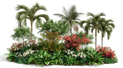 Tropical trees and flowers in 3d rendering isolated on white background