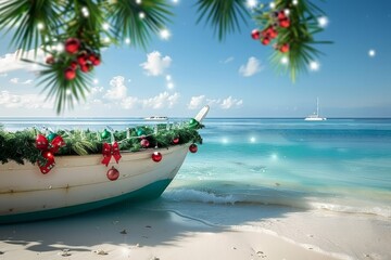 A vibrant boat decked out in Christmas cheer rests on a serene tropical beach.