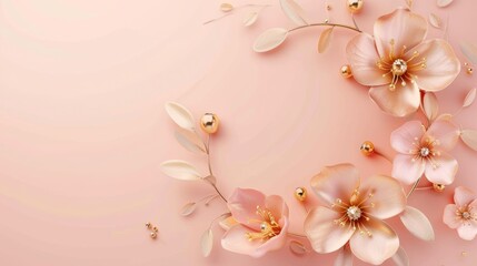 Peach pink background with gold floral wreath.