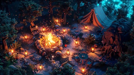 Fototapeta premium Illustrate a cozy camping scene from a birds-eye view