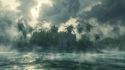 Illustrate a panoramic view of a deserted island surrounded by misty