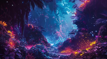 Illustrate a wide-angle view of extraterrestrials interacting with bioluminescent flora in an alien rainforest