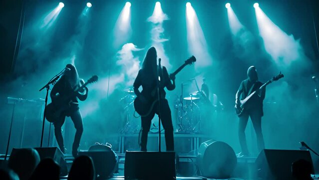 Rock music concert with band on stage.