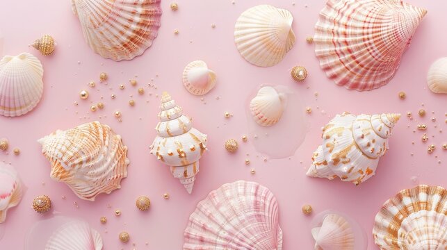 Soft pink background with gold seashell illustrations.