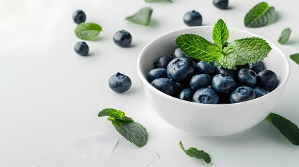 White bowl with wild forest blueberries and fresh green mint leaves on white backdrop superfood