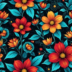 colorful abstract seamless background with flowers and leaf