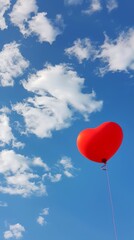 Red heart-shaped balloon floating in the sky with scattered clouds, romantic and serene atmosphere